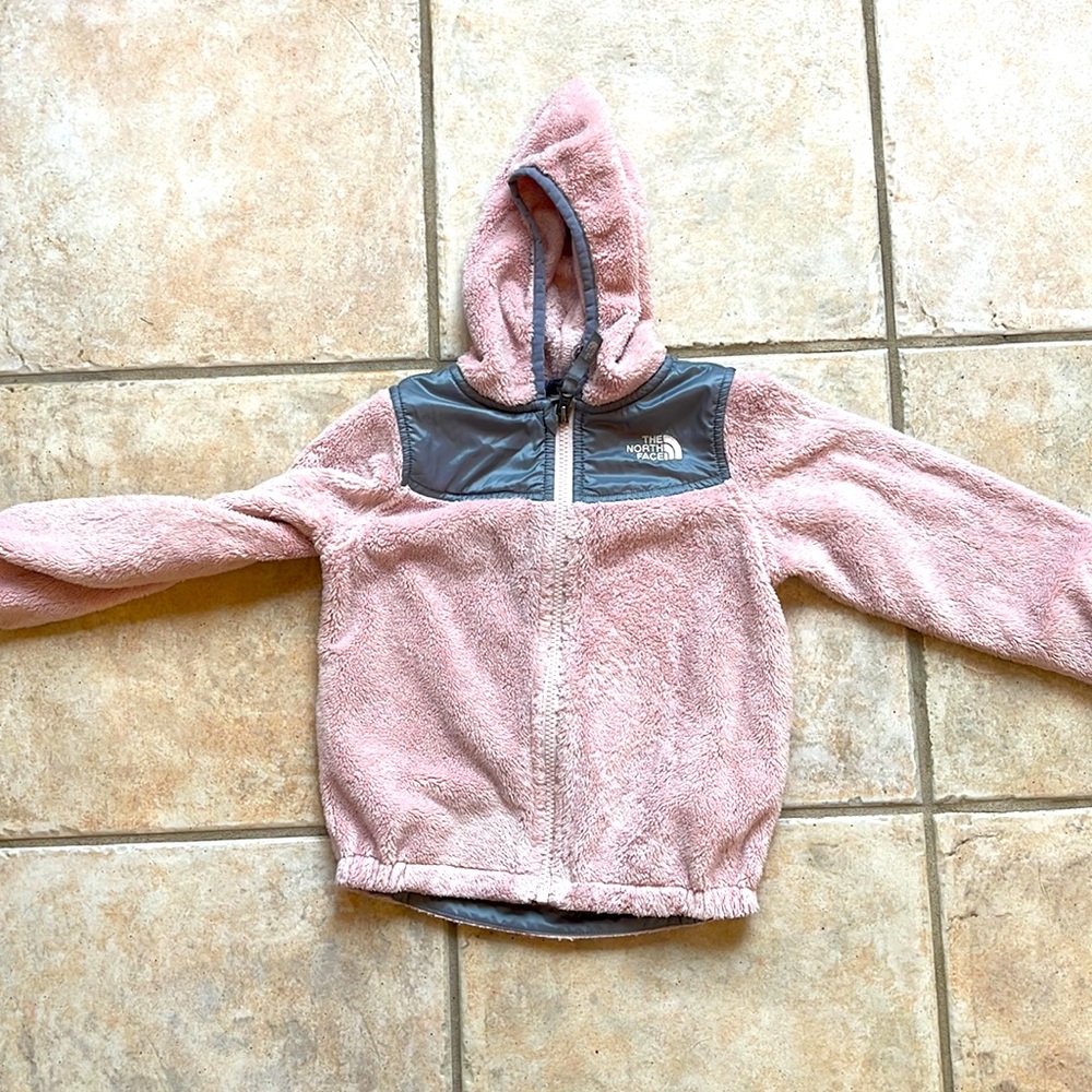 Pink furry north face zip up 4T